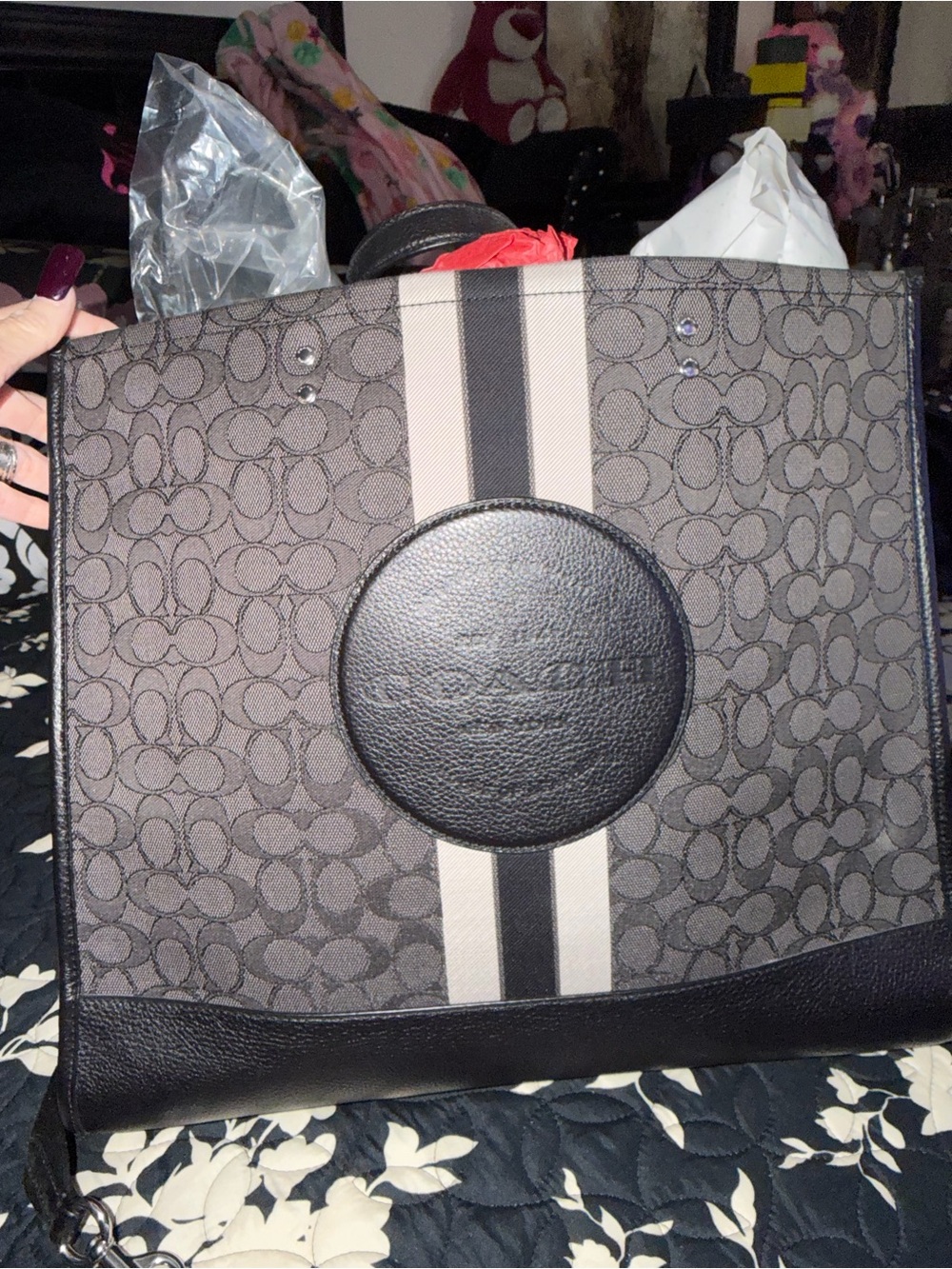 Coach Brown and Black Signature Canvas Tote with Center Stripe